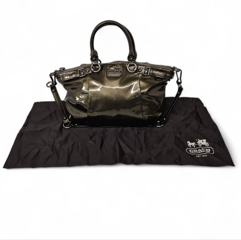 Coach 2011 Madison Patent Leather Sophia Satchel Bag In Green And Gunmetal